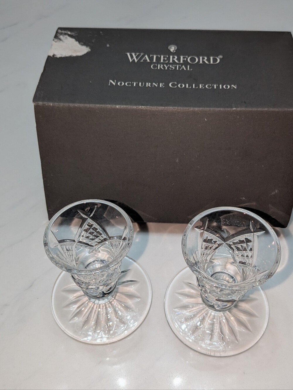 New Waterford Nocturne Cut Crystal Candle Holders 3.1 Inch - Pair in Box